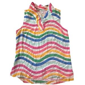 Crown & Ivy Rainbow Stripe Sleeveless Ruffle Neck Tank Size Small Rayon Vacation